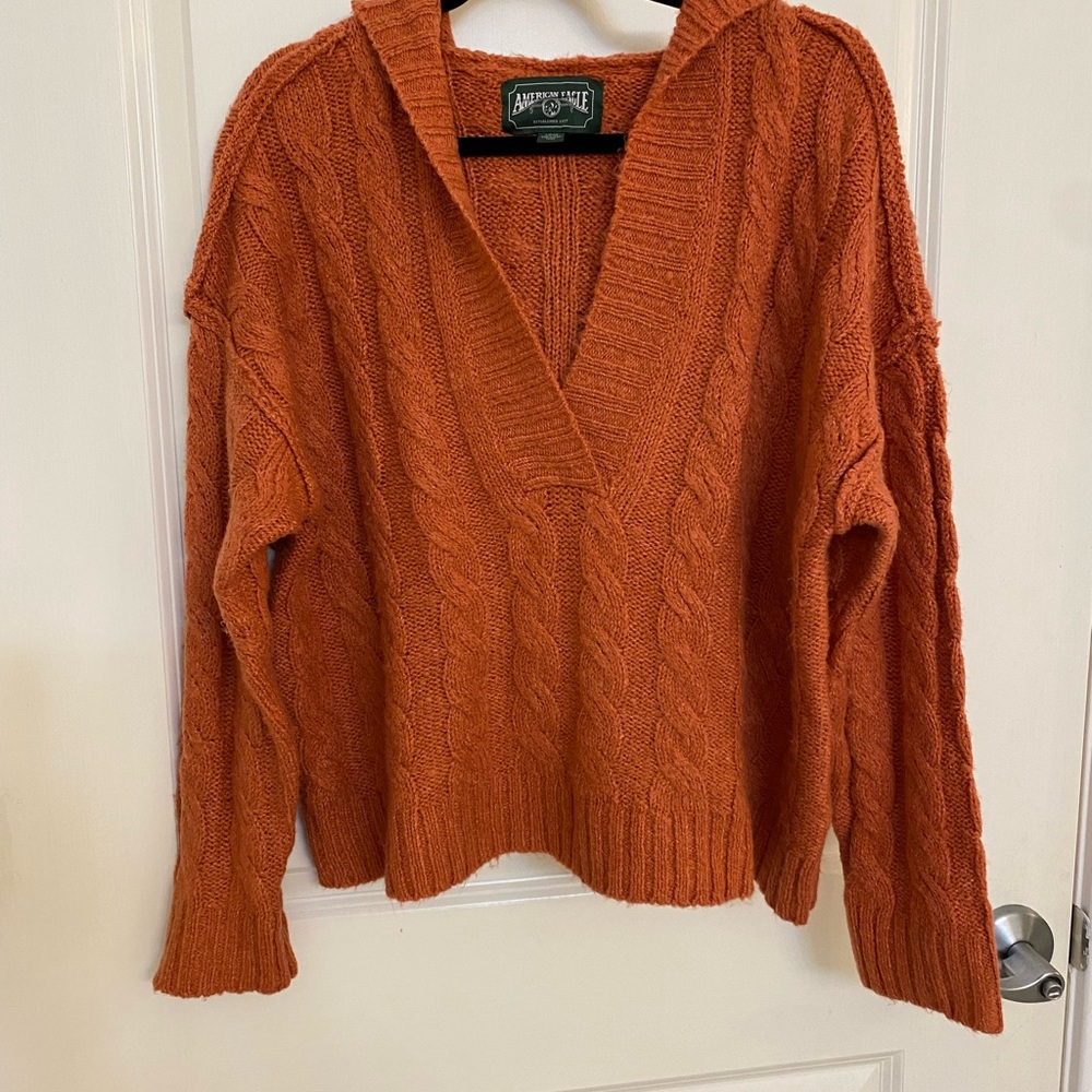 American Eagle Outfitters Orange V-Neck Cable-Knit Sweater